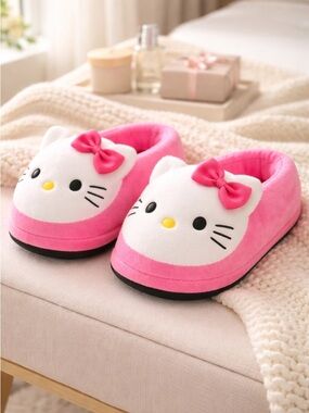 NWOB Sanrio Hello Kitty Big Head Pink Plush Slippers House Shoes - Size 5-8